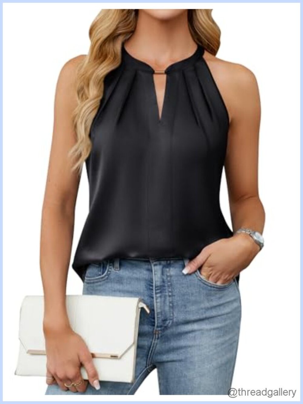 Satin Halter Tank Top Pleated Keyhole Business Casual Blouse